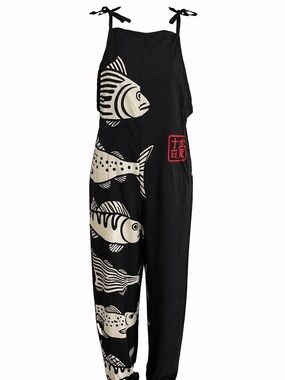 Black Fish-Print Strap Jumpsuit